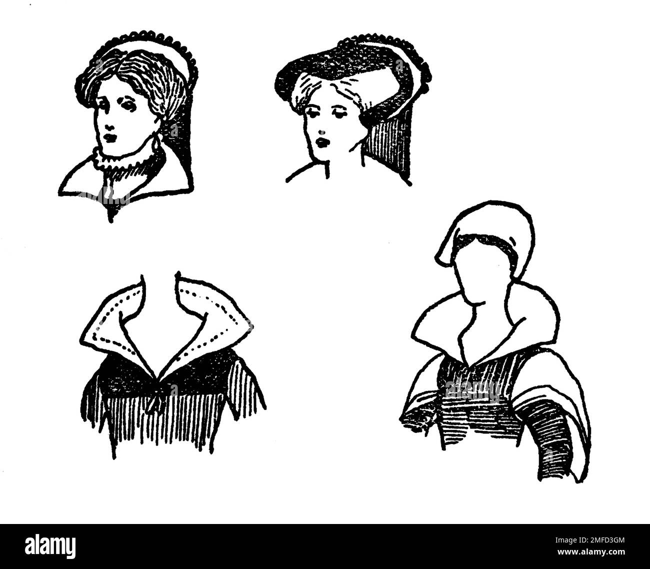 line drawing of women's costume during the reign of Queen Mary from the