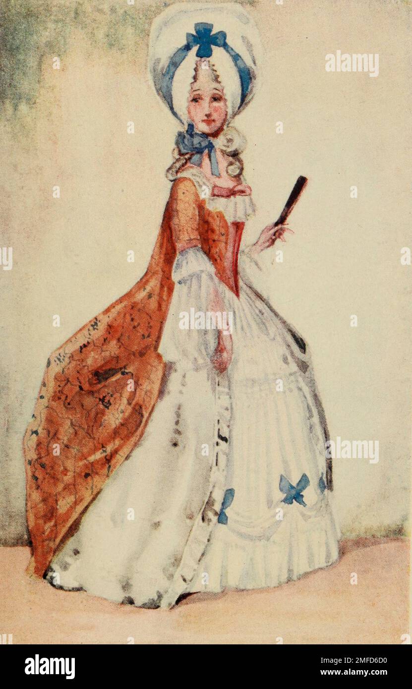 A Woman of the Time of George III. (1760 - 1820) In the earlier half of the reign. Notice her sack dress over a satin dress, and the white, elaborately made skirt. Also the big cap and the curls of white wig from the book ' English costume ' by Dion Clayton Calthrop, 1878-1937 Publication date 1907 Publisher London, A. & C. Black Stock Photo