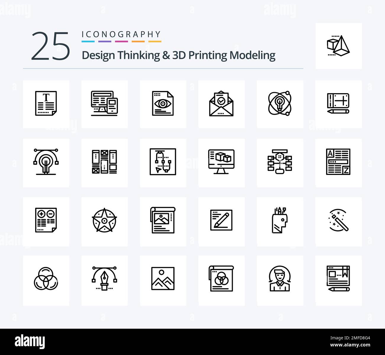 Design Thinking And D Printing Modeling 25 Line icon pack including education. education. file . envelope. mail Stock Vector