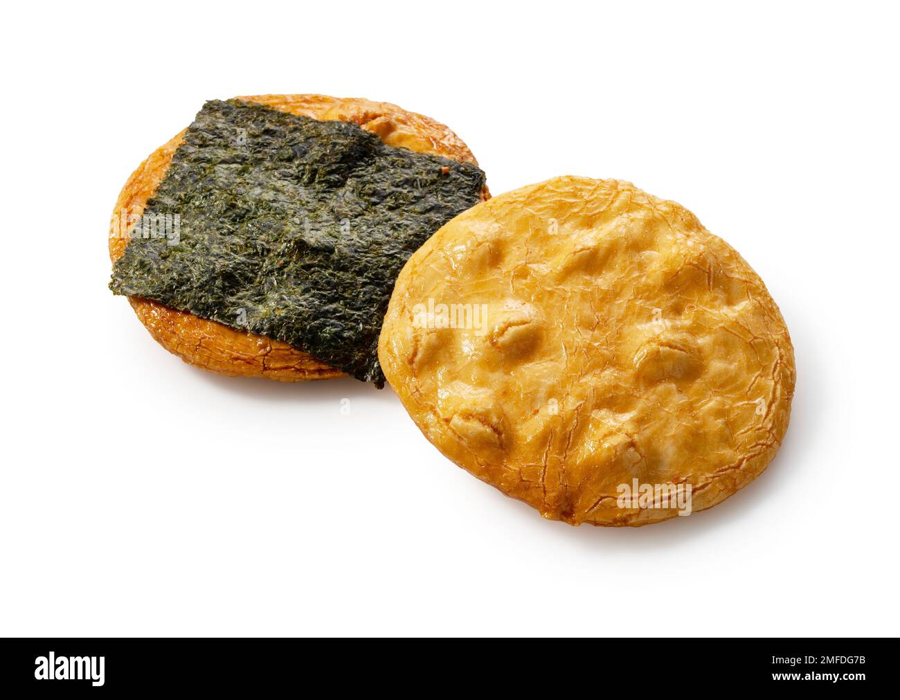 Sembei rice crackers placed on a white background. Senbei is a Japanese snack. Stock Photo