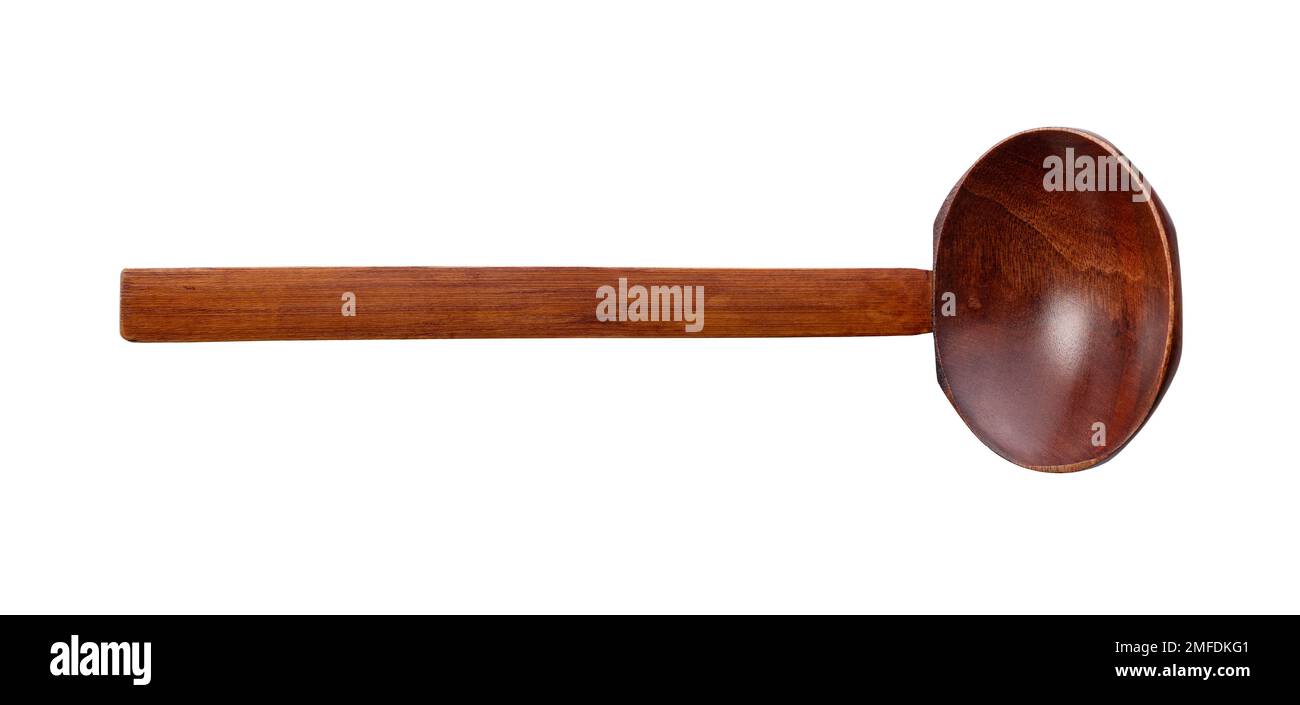 A wooden ladle placed on a white background. Viewed from directly above