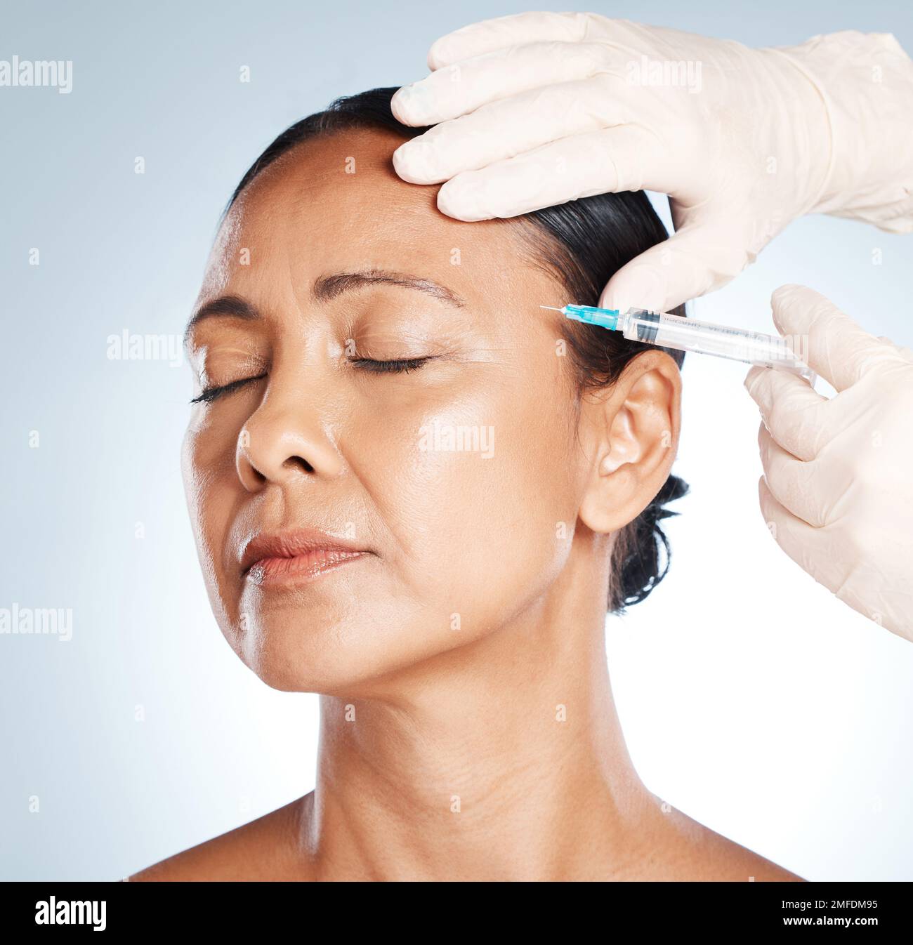 Needle, woman face and plastic surgery for medical skincare, collagen