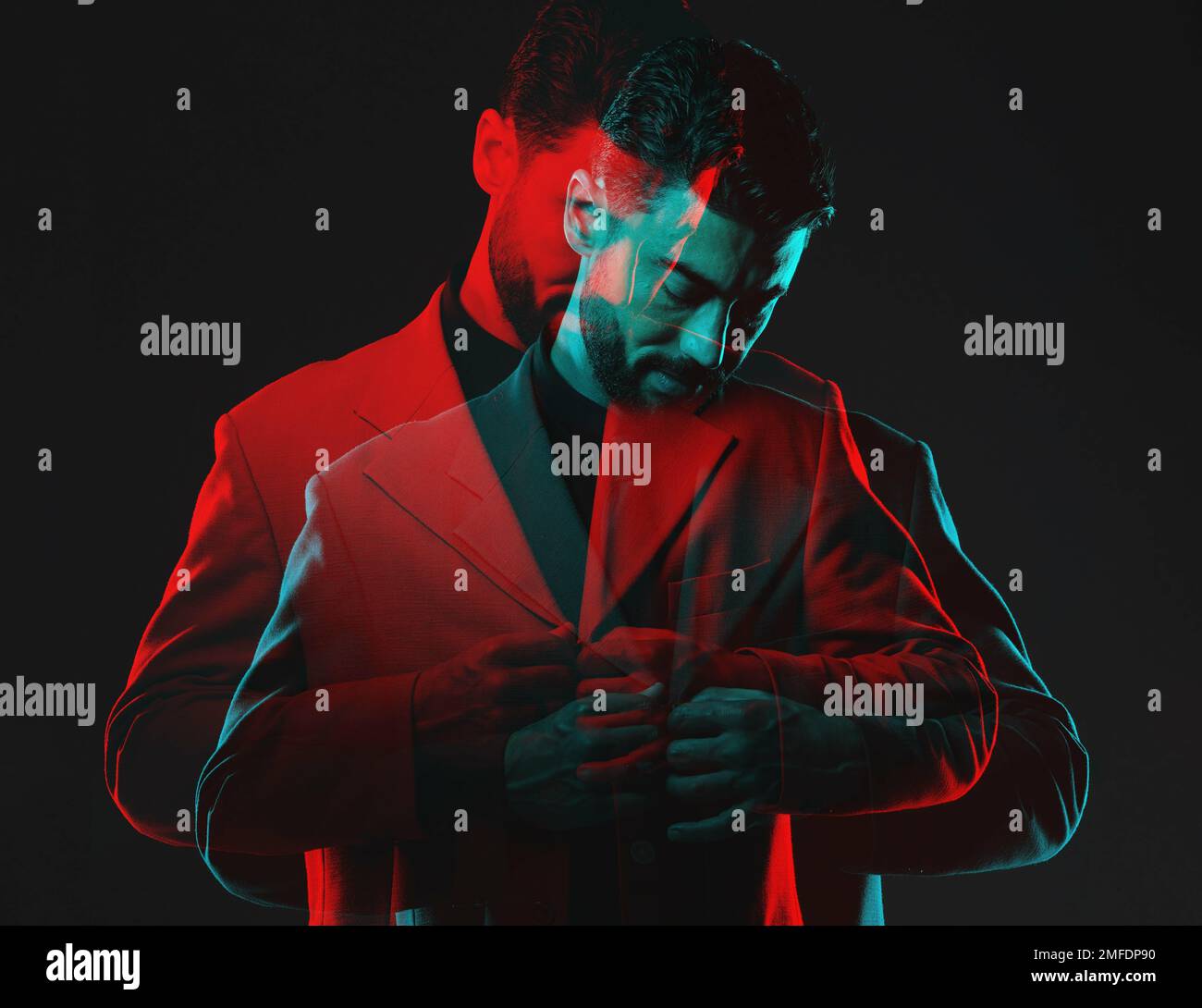 Double exposure, fashion and man on black background in vintage clothes