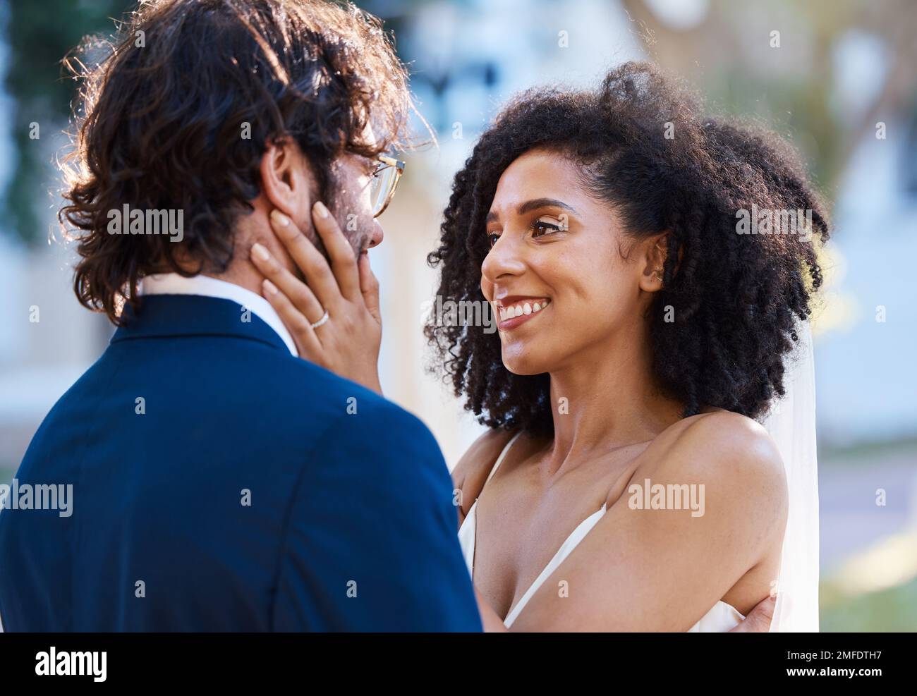 Interracial couple wedding, black woman and man with excited smile, happiness or future together. African bride, husband and diversity at outdoor Stock Photo