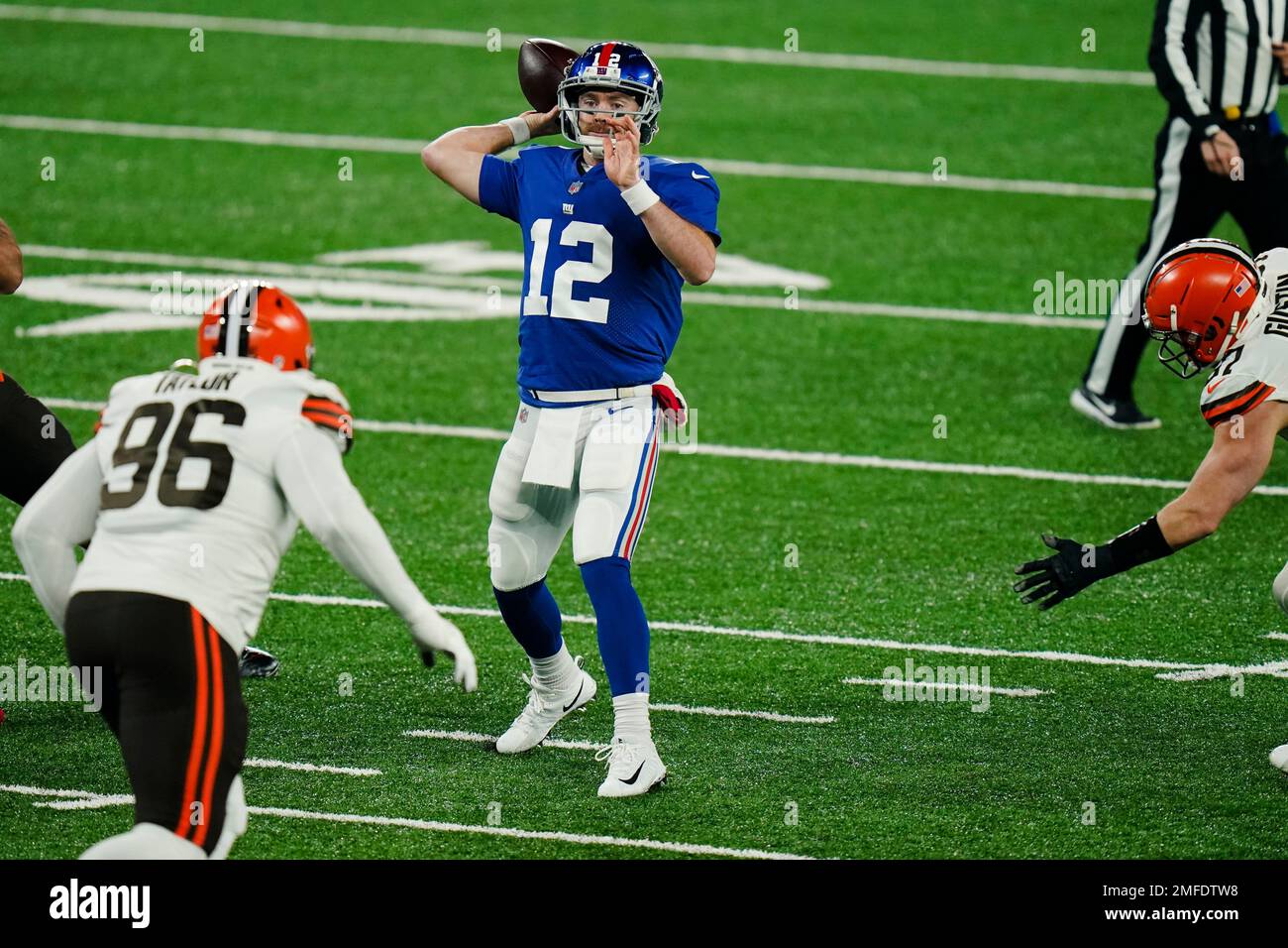 New York Giants quarterback Colt McCoy (12) throws a pass during the