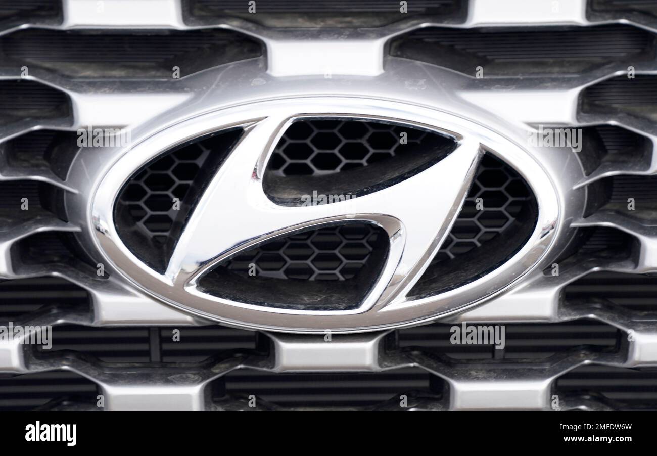 The company logo shines off the grille of an unsold 2021 Palisade as it ...