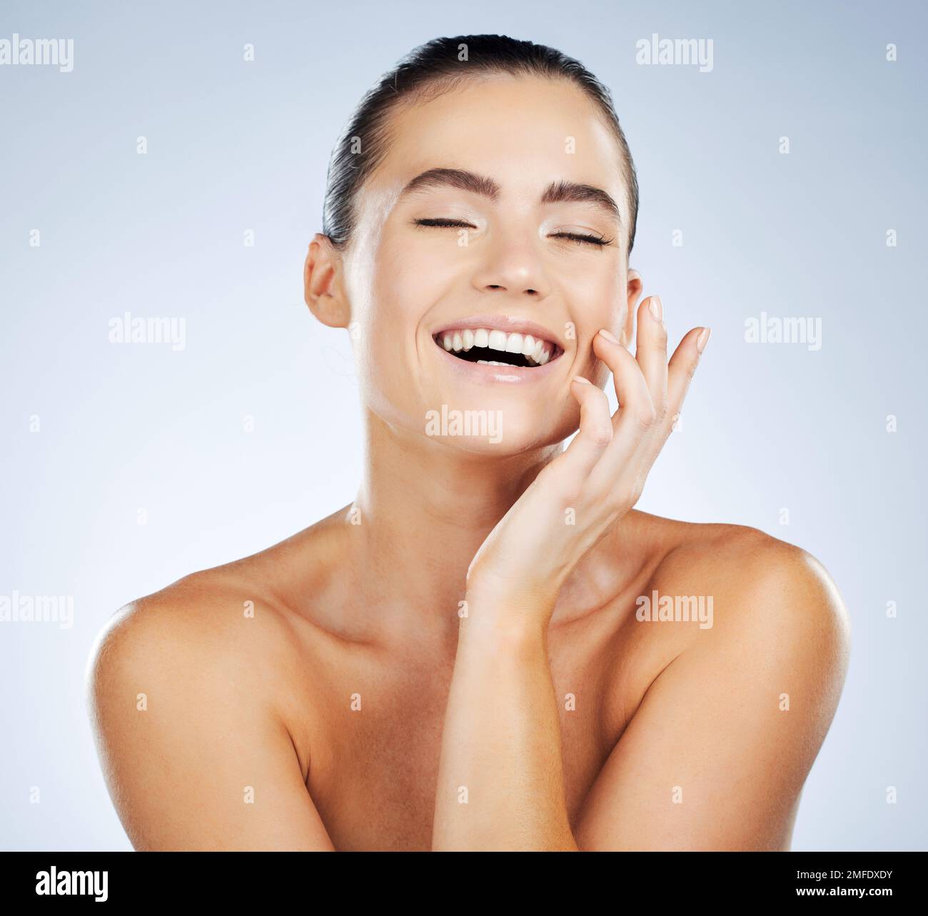 Woman, happy and big smile with teeth for dental wellness, cosmetics oral care and luxury beauty glow. Model, facial happiness and skincare health or Stock Photo