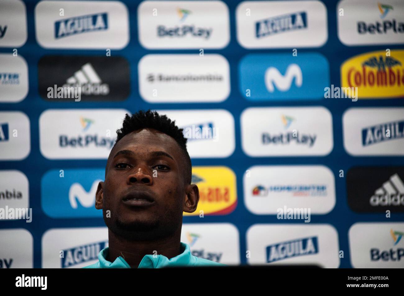 Bogota, Colombia. 24th Jan, 2023. Diber Cambindo speaks during a press conference in Bogota, Colombia, on January 24, 2022. Days before a friendly match against USA in Carson, California in the Dignity Health Sports Park stadium on January 28. Photo by: Chepa Beltran/Long Visual Press Credit: Long Visual Press/Alamy Live News Stock Photo