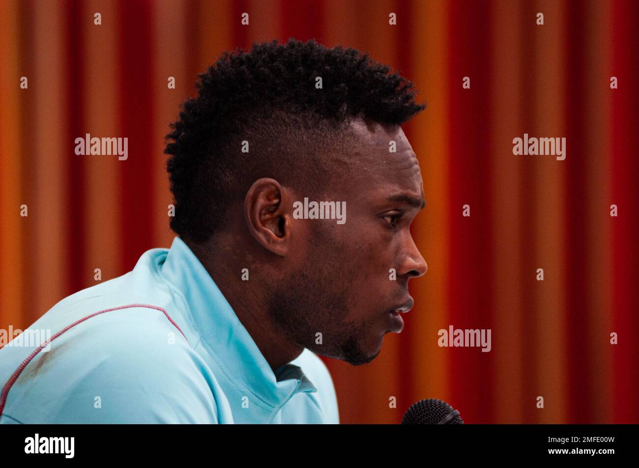 Bogota, Colombia. 24th Jan, 2023. Diber Cambindo speaks during a press conference in Bogota, Colombia, on January 24, 2022. Days before a friendly match against USA in Carson, California in the Dignity Health Sports Park stadium on January 28. Photo by: Chepa Beltran/Long Visual Press Credit: Long Visual Press/Alamy Live News Stock Photo