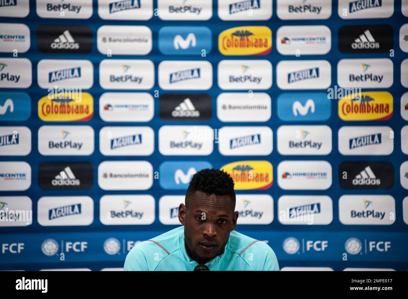 Bogota, Colombia. 24th Jan, 2023. Diber Cambindo speaks during a press conference in Bogota, Colombia, on January 24, 2022. Days before a friendly match against USA in Carson, California in the Dignity Health Sports Park stadium on January 28. Photo by: Chepa Beltran/Long Visual Press Credit: Long Visual Press/Alamy Live News Stock Photo