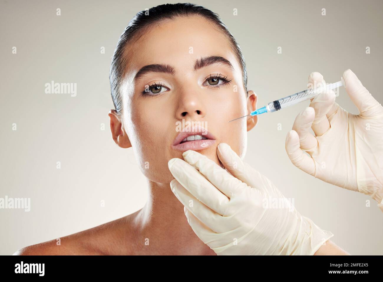 Skincare, collagen and portrait of woman with injection in lips from ...