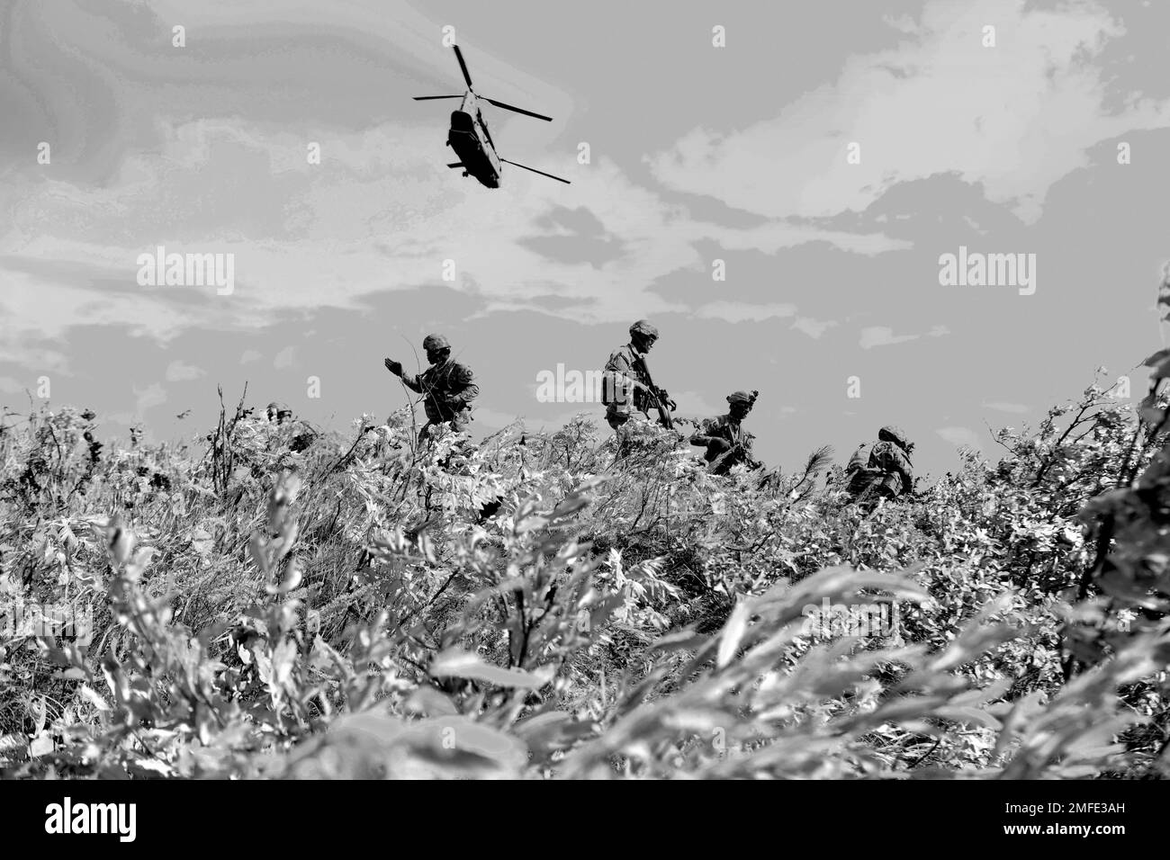 During annual training, Infantry Soldiers of the Minnesota National Guard’s 1st Combined Arms Battalion – 194th Armor are air inserted into a narrow landing zone on Camp Ripley August 19, 2022 by CH-47 Chinook aircrews of Bravo Company, 3rd Battalion – 126th Aviation Regiment out of the Maryland National Guard Soldiers. Stock Photo