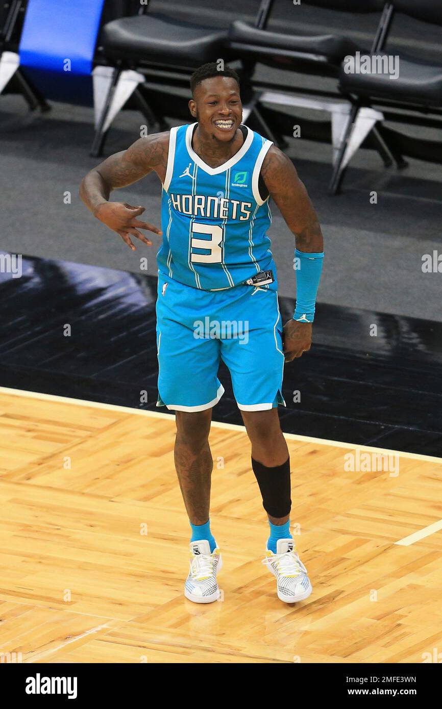 Charlotte Hornets guard Terry Rozier (3) celebrates after making a ...