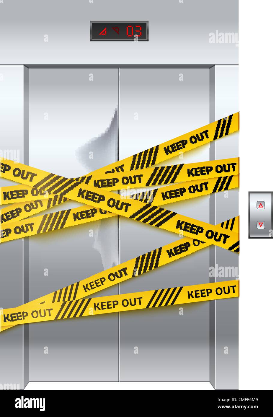 Realistic elevator. Lift repair. Closed failure sliding doors with dent