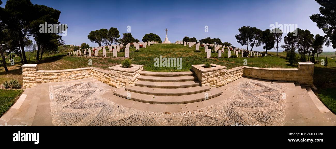 Panoramic view of the entrance of  the Agira Canadian War Cemetery, located on a hill near the town. Stock Photo