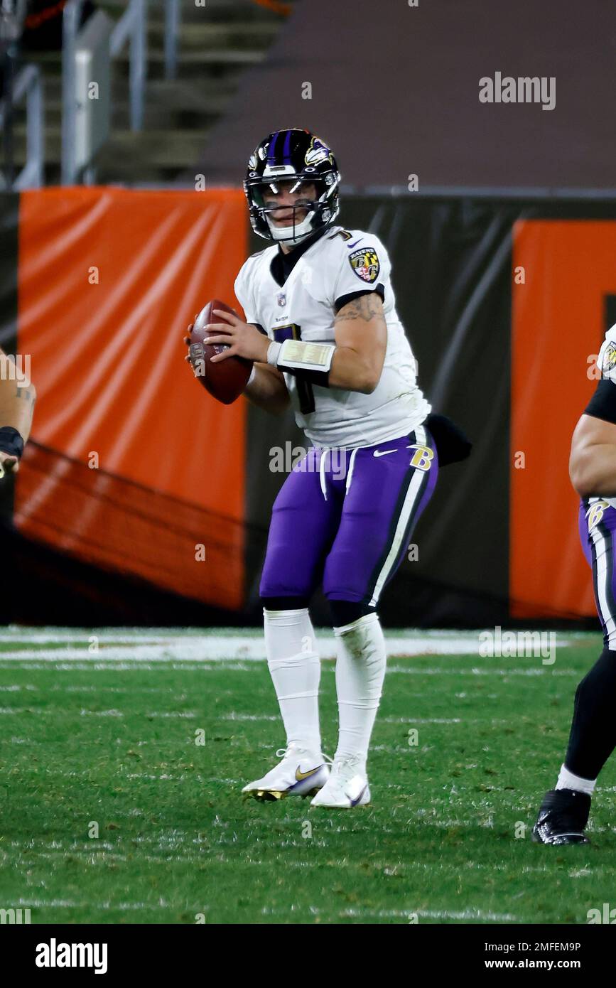 Baltimore Ravens quarterback Trace McSorley (7) drops back to throw the