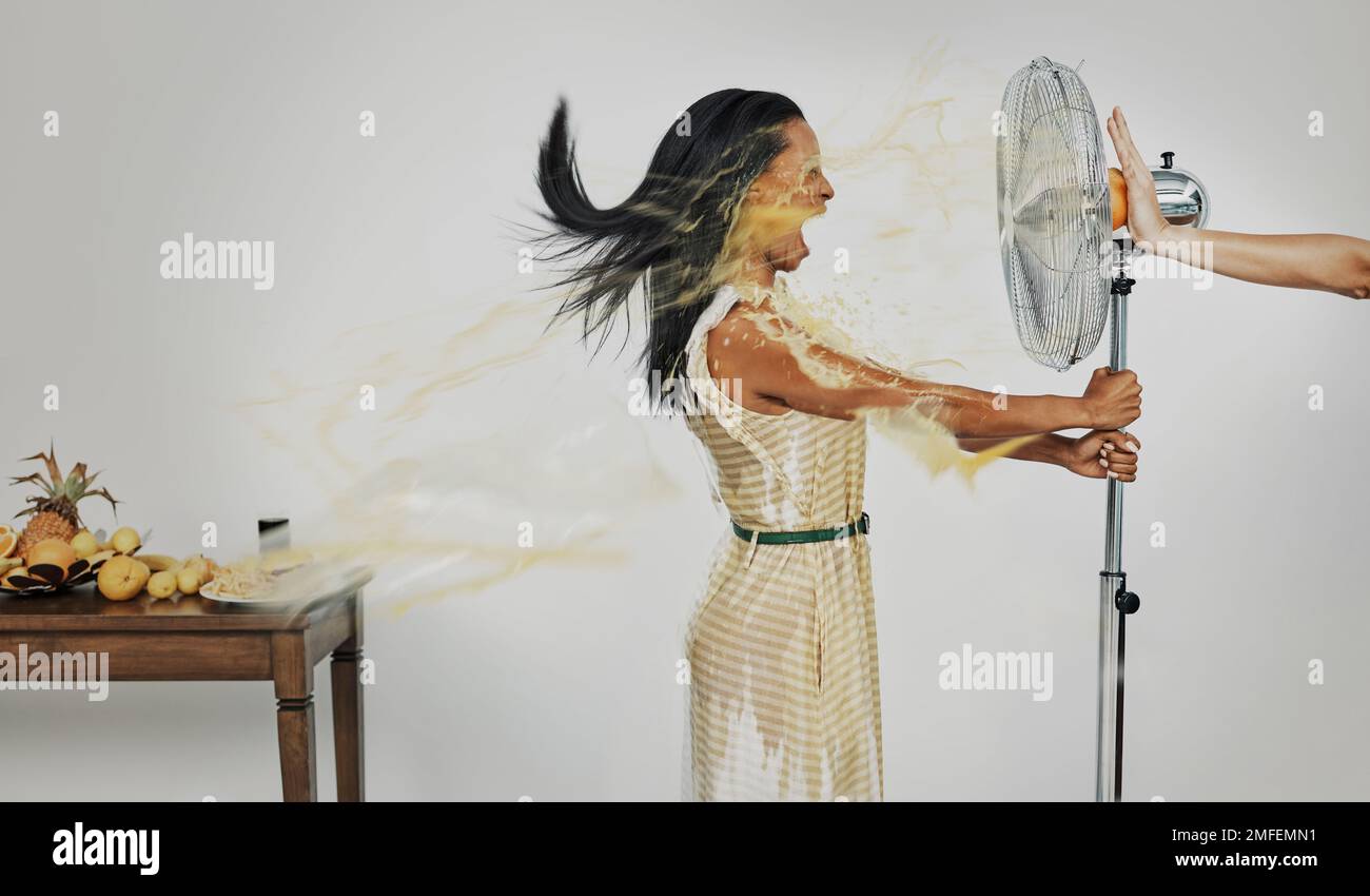 Art, juice and summer splash, woman with refreshing wind in face from