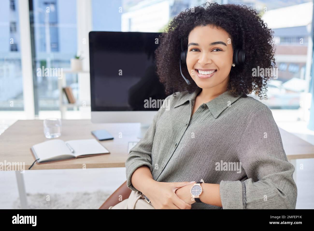Call center, portrait and black woman, technical support agent or help ...