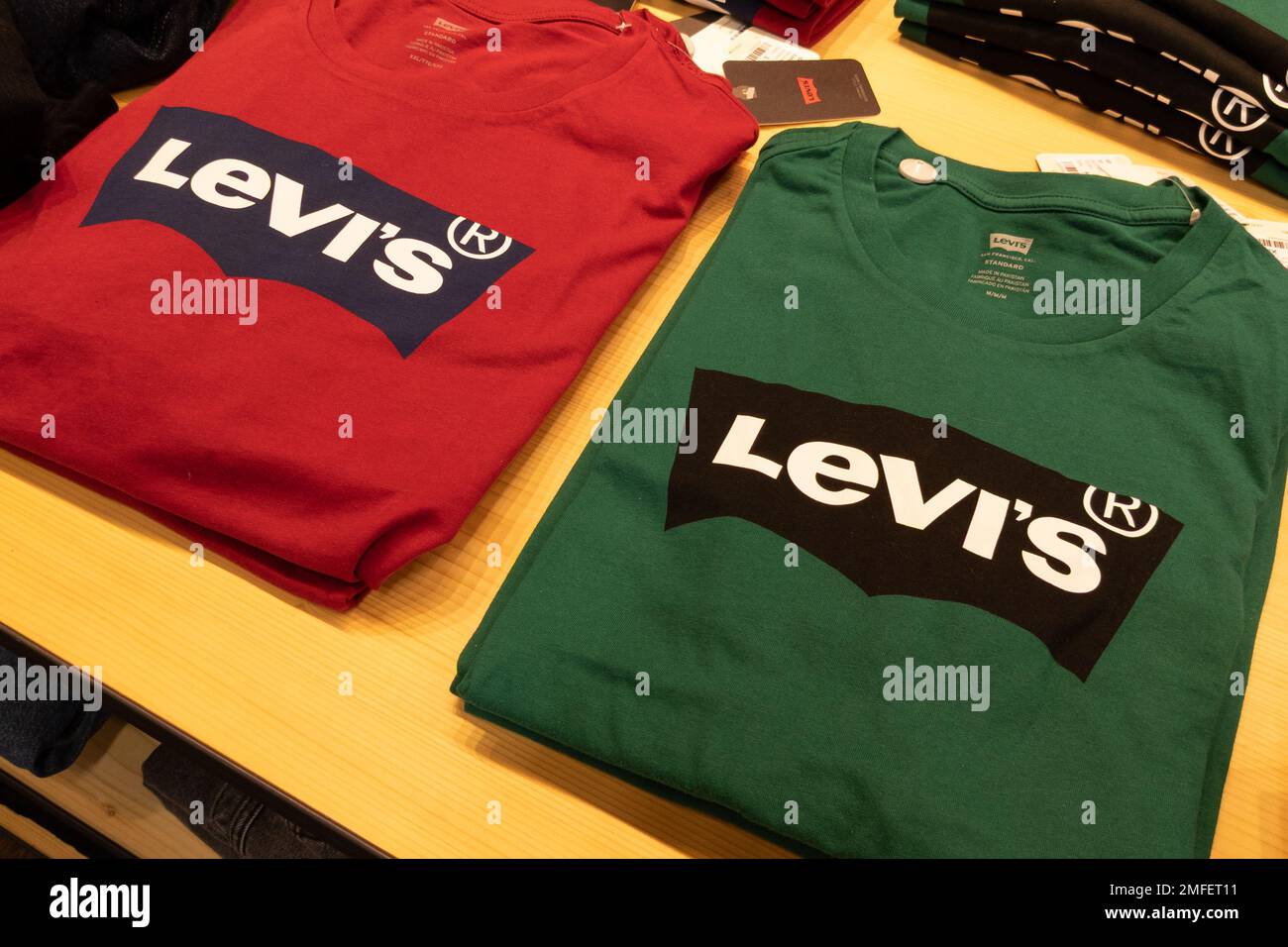 Bordeaux , Aquitaine France - 01 12 2023 : levis shirt placed on the  shelves of the store for sale with brand text and logo sign Stock Photo -  Alamy