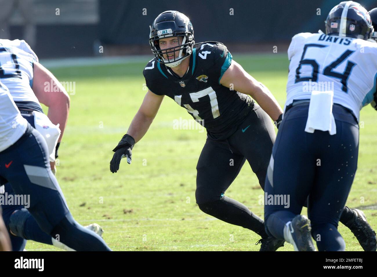 Jacksonville Jaguars linebacker Joe Schobert (47) follows a play during the first half of an NFL football game against the Tennessee Titans, Sunday, Dec. 13, 2020, in Jacksonville, Fla. (AP Photo/Phelan M. Ebenhack) Stock Photo