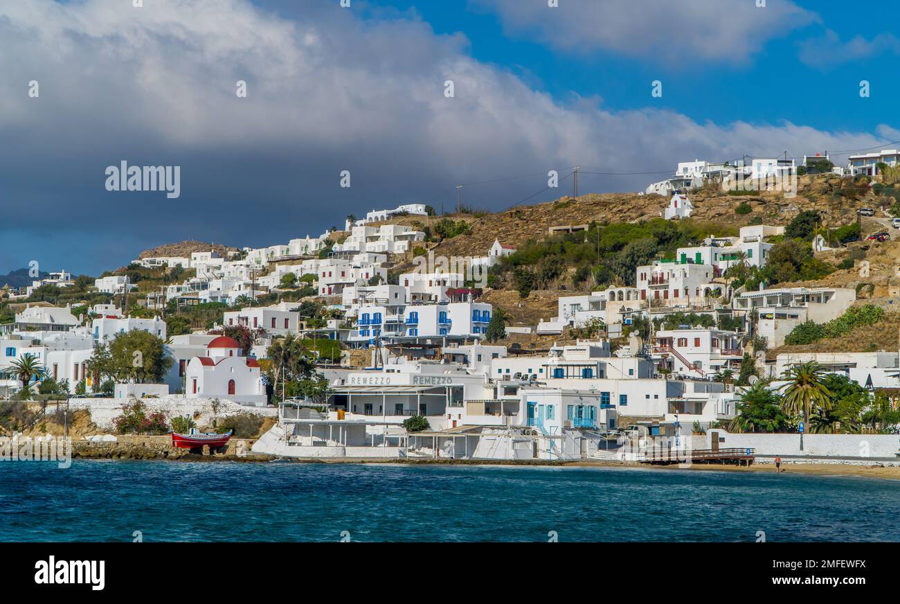 Panoramic view of Mykonos Town on the island of Mykonos, Greeces Stock Photo