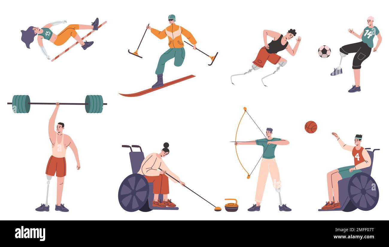 Cartoon paralympic athletes. Disabled people in professional sport. Absence of limbs and special prostheses. Runners and skiers. Persons in Stock Vector