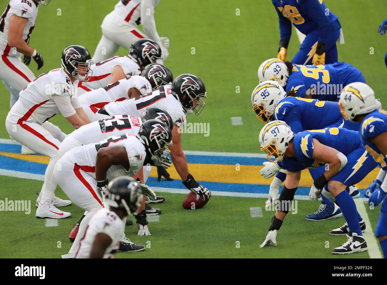 A line of scrimmage view during an NFL football game between the Atlanta Falcons and the Los Angeles Chargers Sunday December 13 2020 in Inglewood Calif. AP Photo Peter Joneleit Stock Photo Alamy