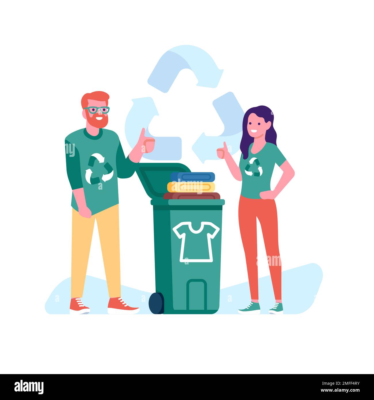 People wear clothes made from recycled textiles. Characters sort old