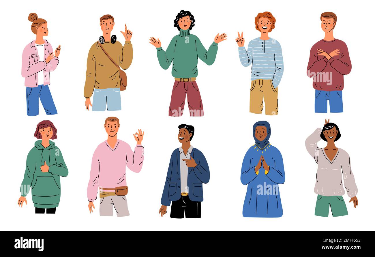 Pointing and gesticulating people. Young cute guys or girls express emotions and desires with arm signs. Body language. Approving or ignoring gesture Stock Vector
