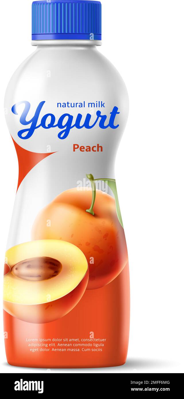 Realistic drinking yogurt bottle. Sweet dairy product. Juicy peach