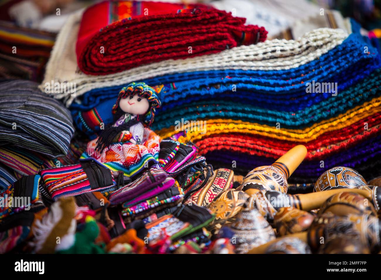 Peruvian souvenirs on display at a market stall Stock Photo