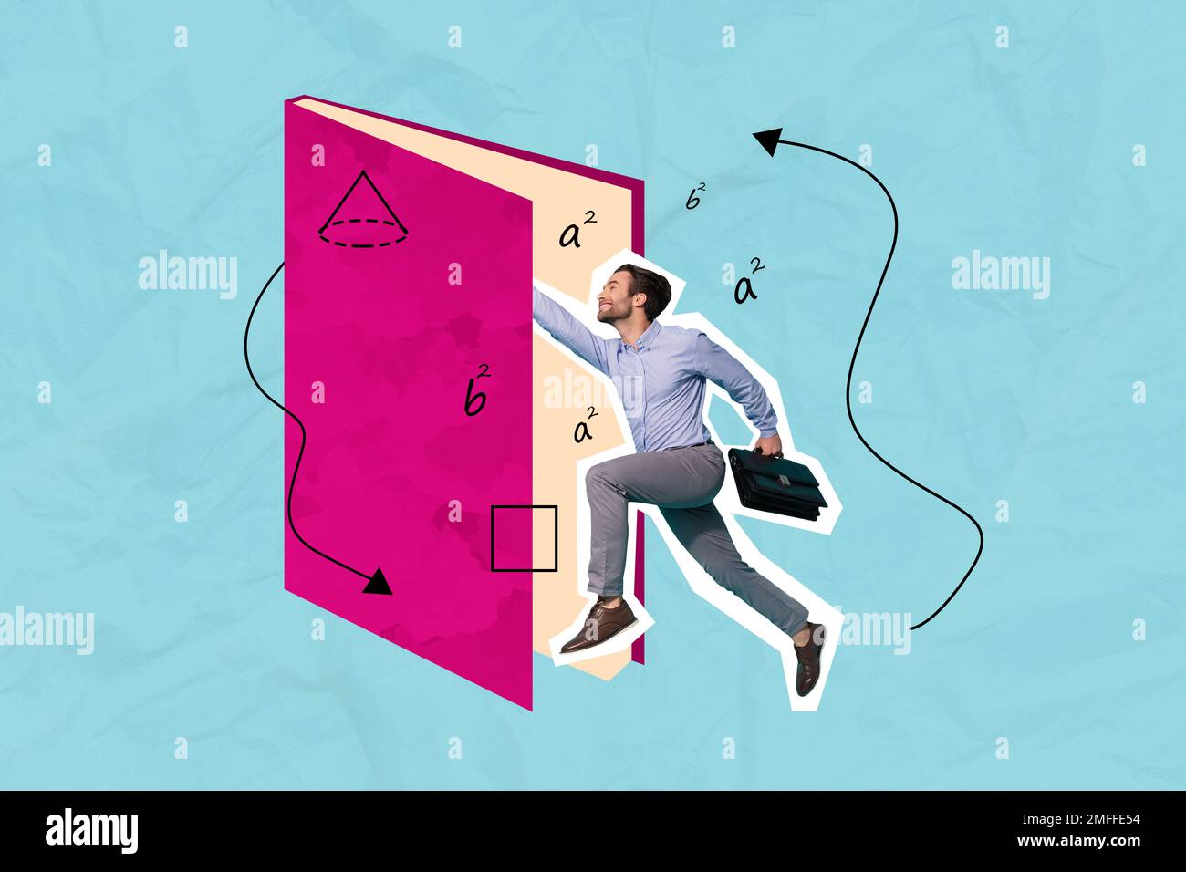 Creative photo collage artwork of young teacher jumping man inside copybook formulas algebra mathematics learning isolated on blue color background Stock Photo