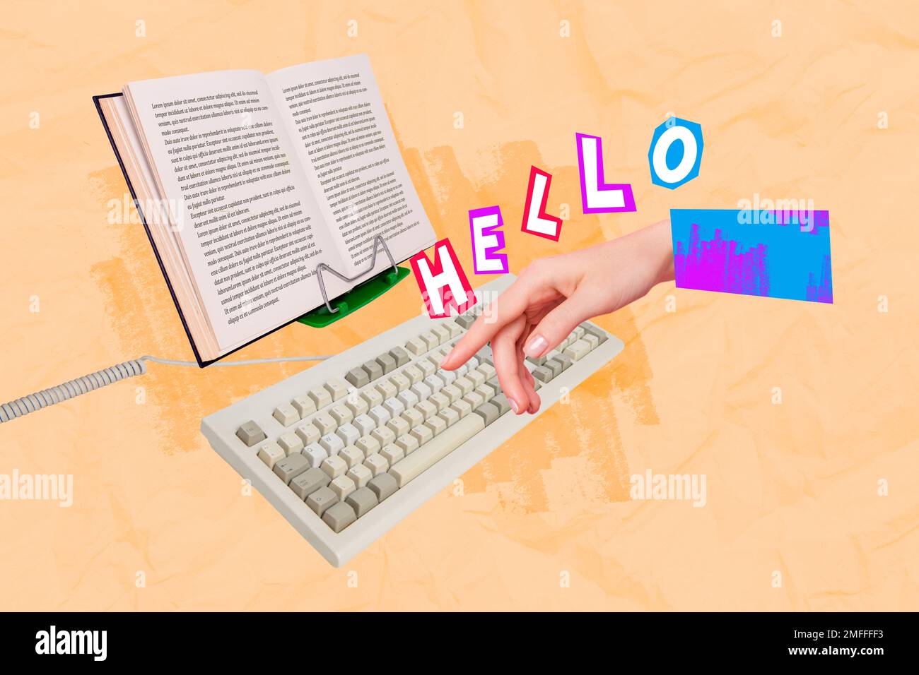 Creative collage image of hand finger typing write message keyboard