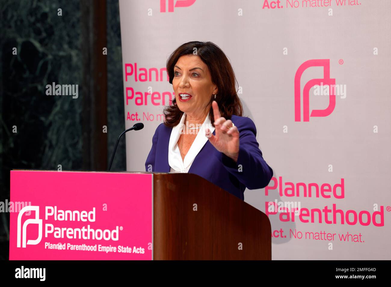 January 24, 2023, Albany, New York. NY Governor Kathy Hochul speaks at the Planned Parenthood Day of Action in the Legislative Office Building reaffirming their commitment to protecting abortion rights in New York State. Stock Photo
