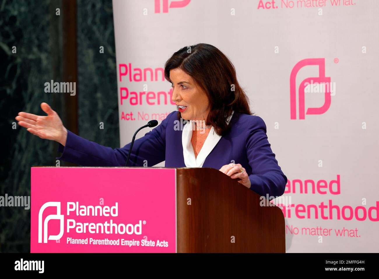 January 24, 2023, Albany, New York. NY Governor Kathy Hochul speaks at the Planned Parenthood Day of Action in the Legislative Office Building reaffirming their commitment to protecting abortion rights in New York State. Stock Photo