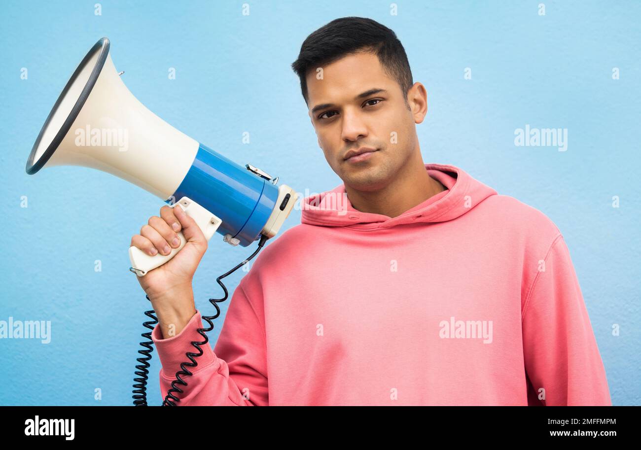 Man, portrait or megaphone for protest, human rights equality or ...