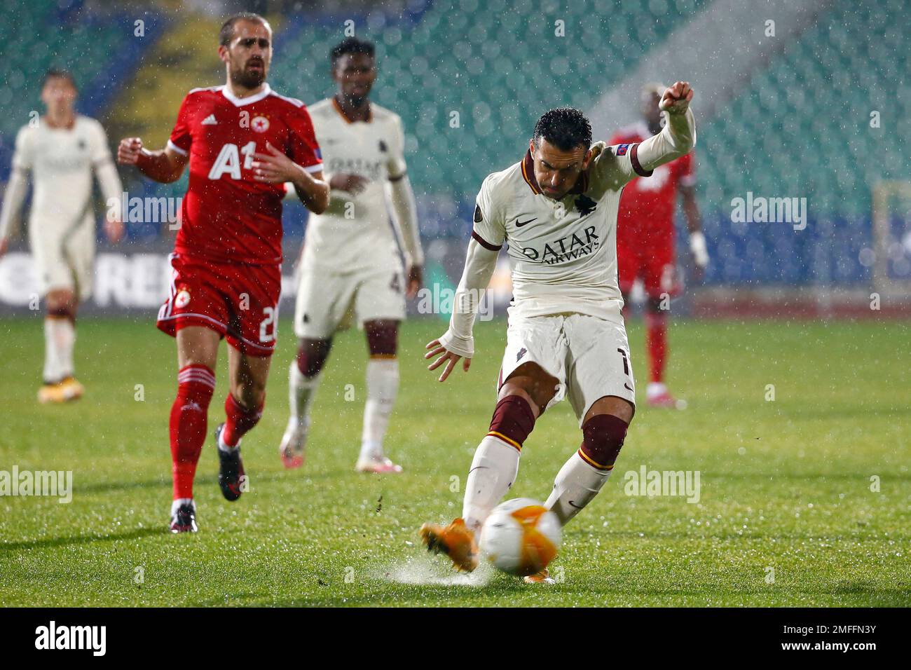 Pedro Roma Roma's Pedro Rodriguez takes a shot during the Europa League, Group A ...