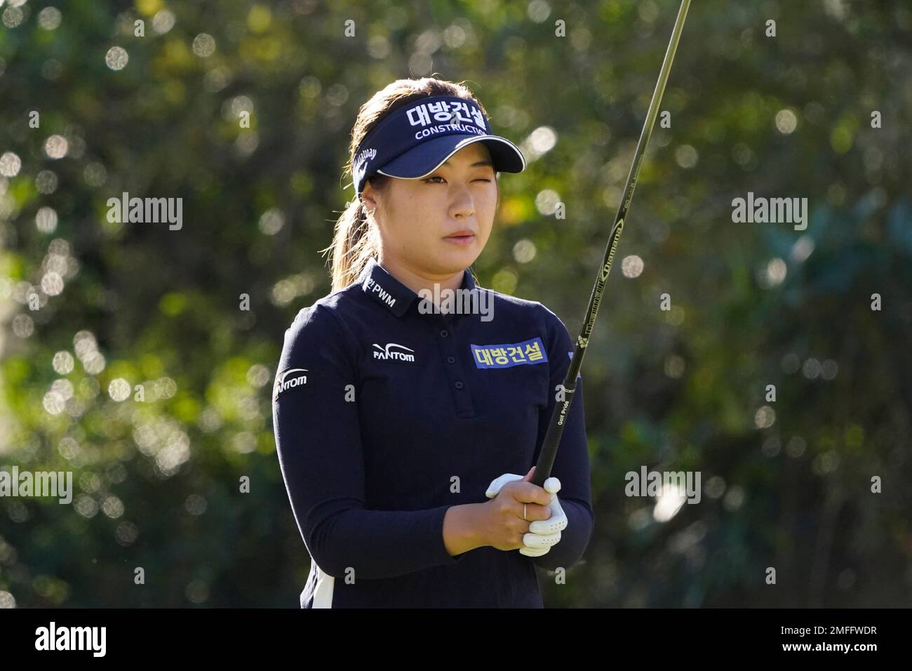 Jeongeun Lee6, of South Korea, lines up a shot on the third hole during ...