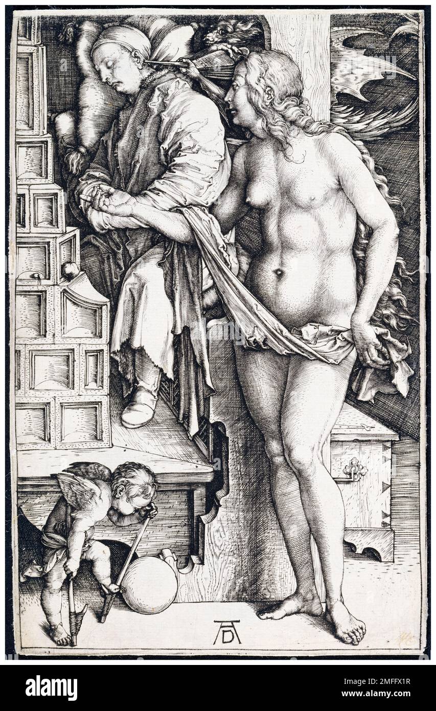 Albrecht Durer, The Temptation of the Idler (The Dream of the Doctor), copperplate engraving, circa 1498 Stock Photo