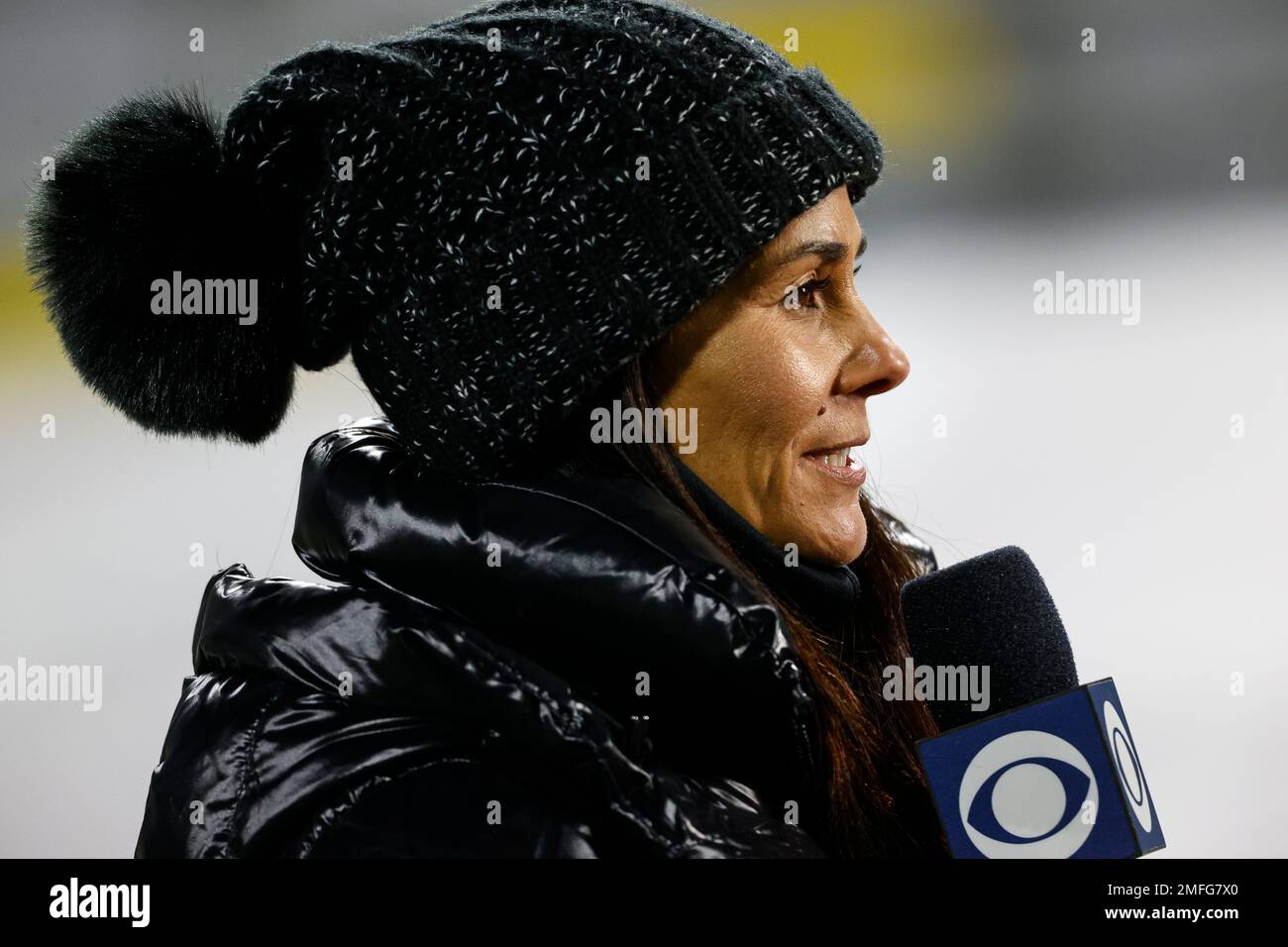 PHILADELPHIA, PA - OCTOBER 30: Philadelphia Eagles quarterback Jalen Hurts  (1) is interviewed by CBS reporter Tracy Wolfson during the game between  the Pittsburg Steelers and the Philadelphia Eagles on October 30