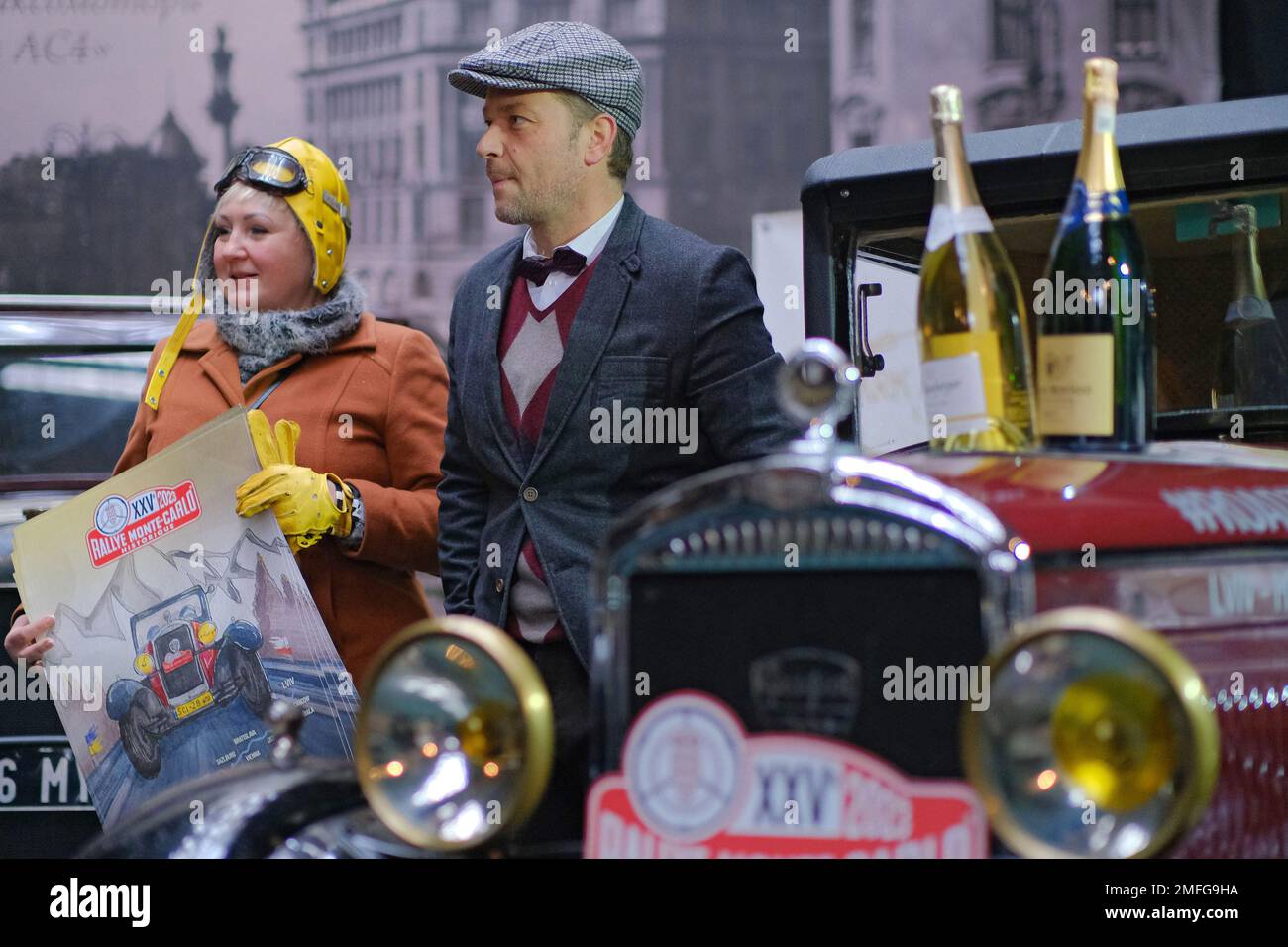 Non Exclusive: LVIV, UKRAINE - JANUARY 21, 2023 - A Ukrainian-Polish crew set off from Lviv to Monte Carlo on a vintage car to take part in the openin Stock Photo