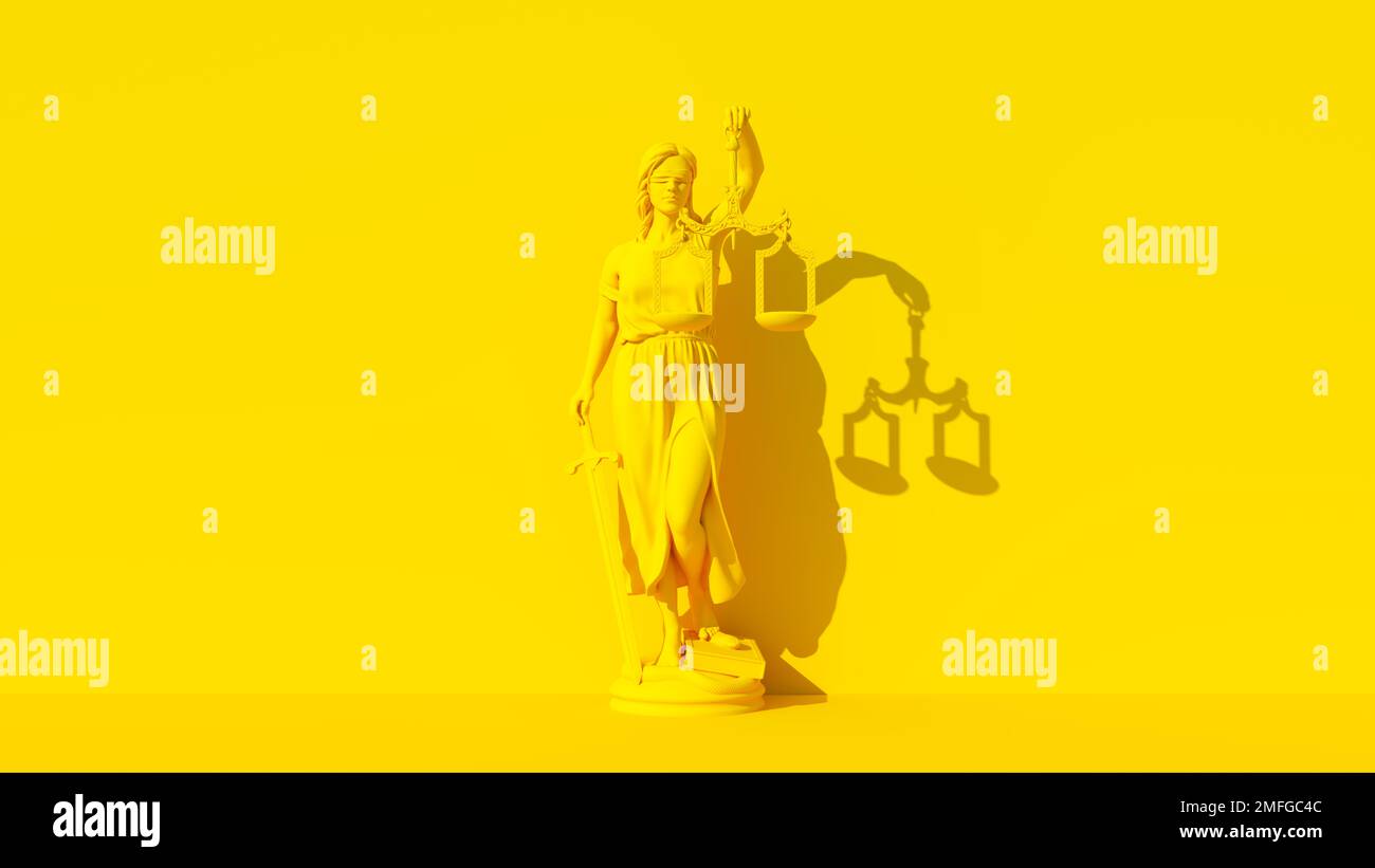Yellow Lady Justice Statue Personification of the Judicial System Traditional Protection and Balance Moral Force for Good and Lawfare Yellow Stock Photo