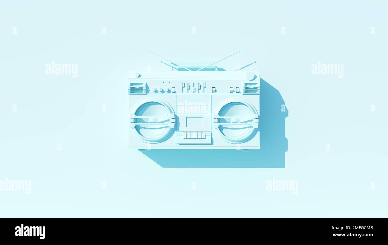 Pale Blue Vintage 80's Style Boombox Hi Fi Portable Cassette Player Stereo Speakers Blue Background 3d illustration render Stock Photo