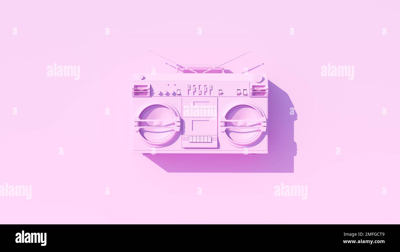 Pale Pink Vintage 80's Style Boombox Hi Fi Portable Cassette Player Stereo Speakers Pink Background 3d illustration render Stock Photo
