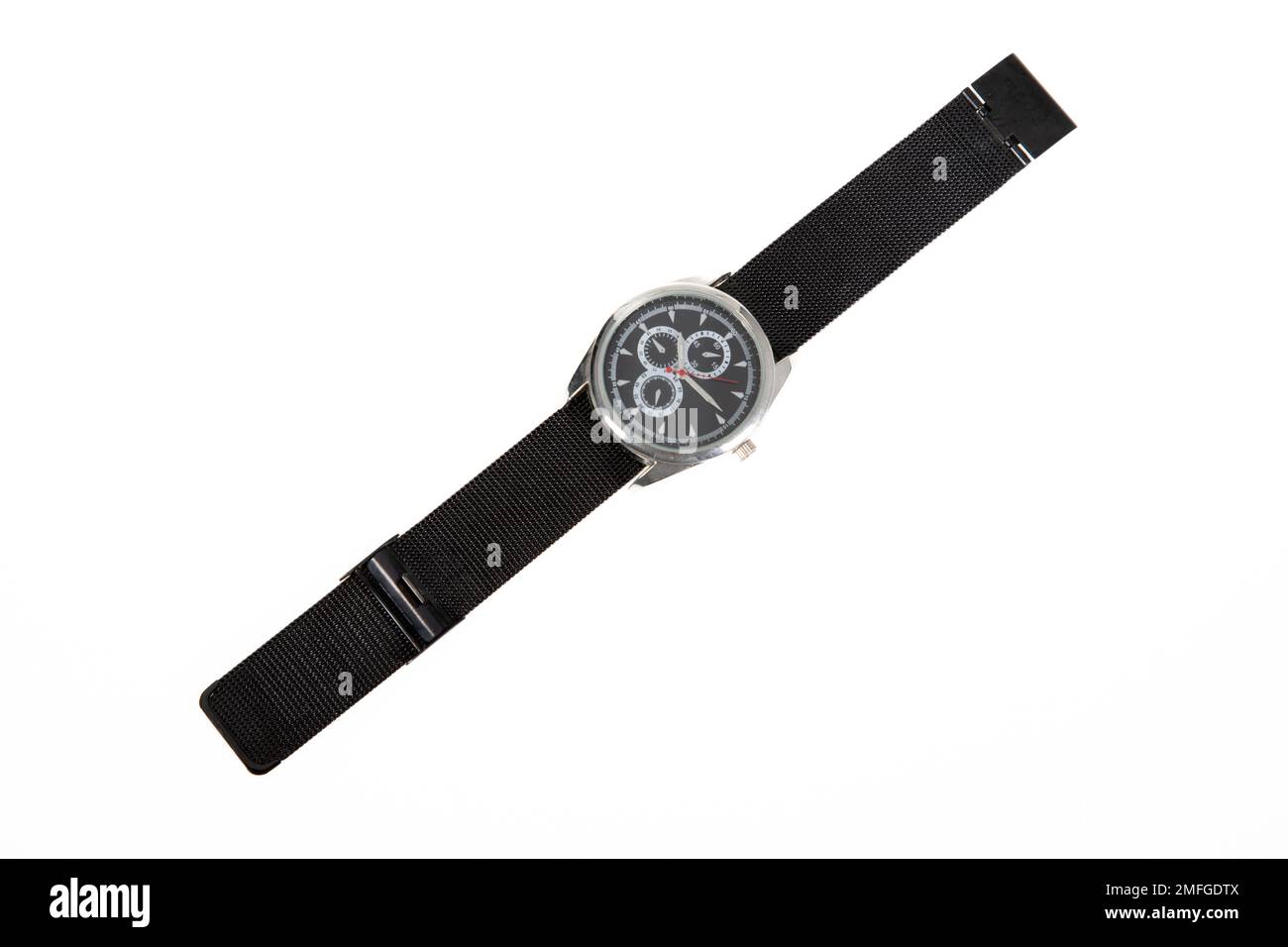 chrome silver watch white needles with black metal strap luxury on