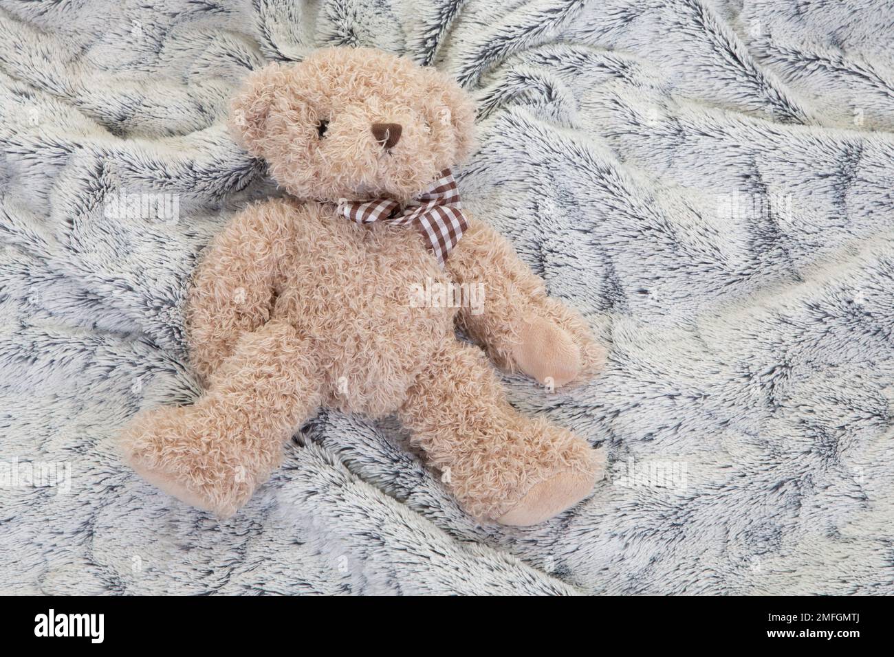 little brown teddy bear on grey bed baby background Stock Photo - Alamy