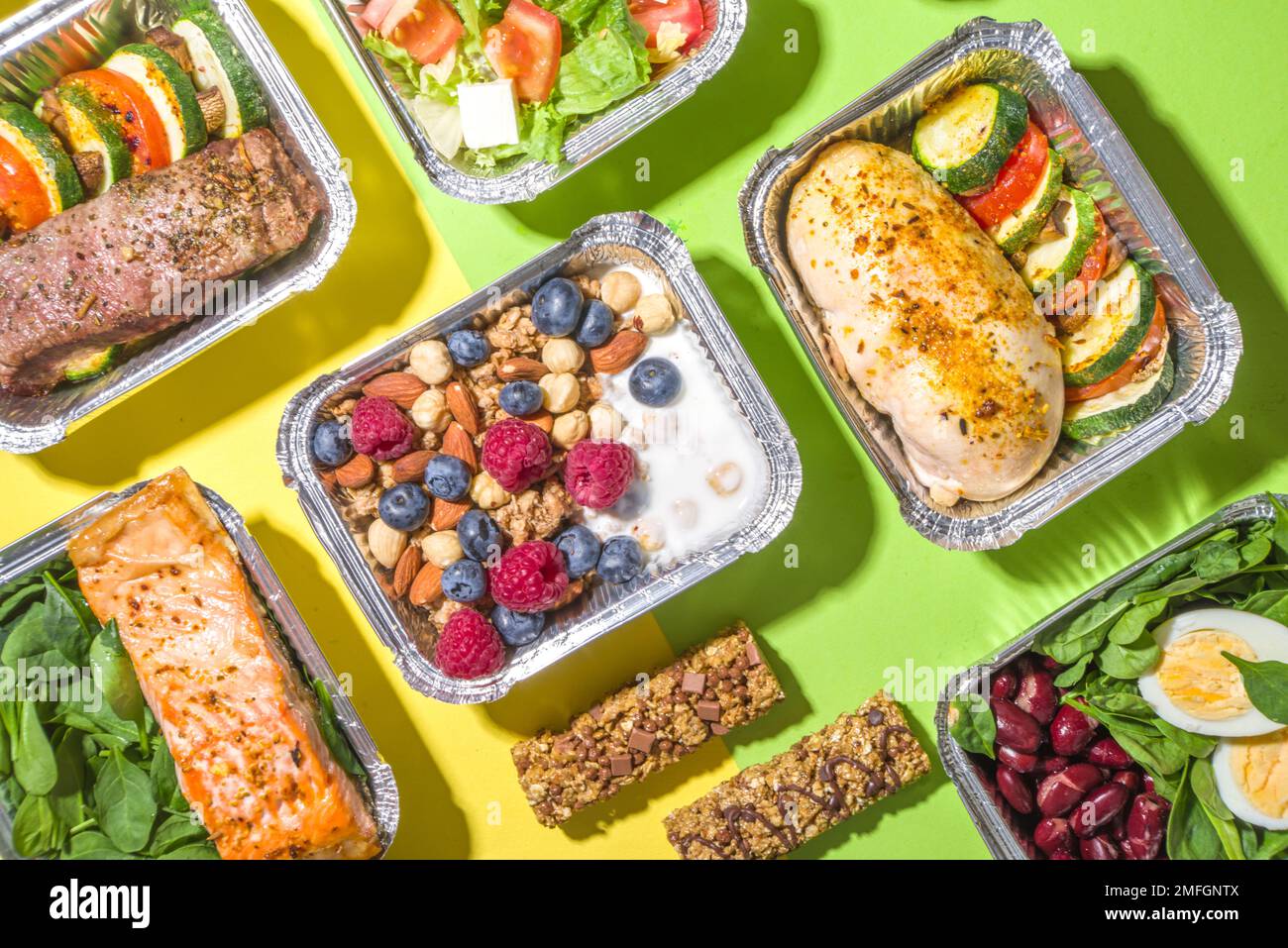 Healthy catering menu, courier food delivery lunch boxes. Beef steak