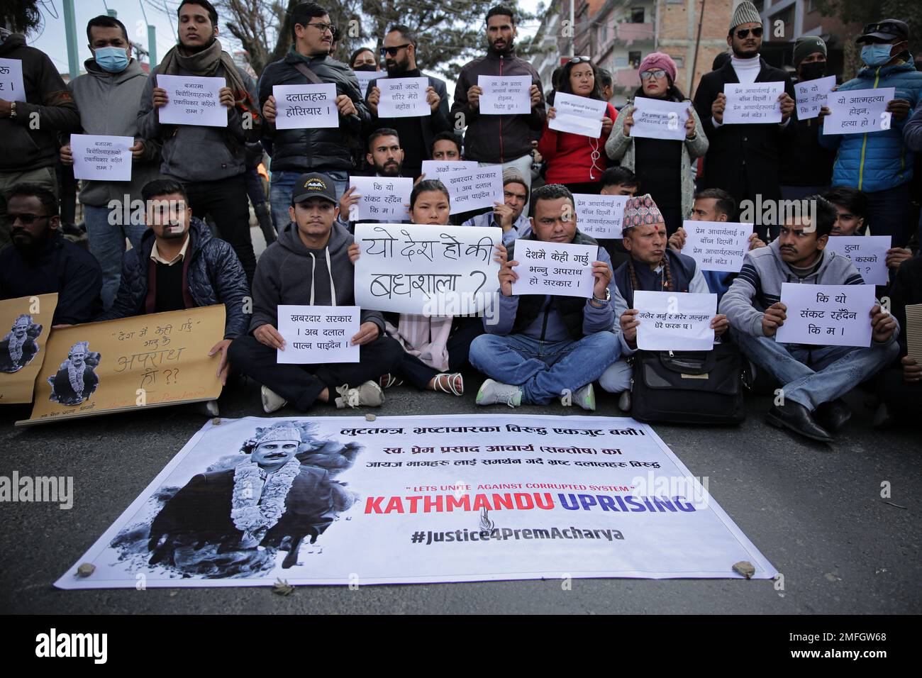 Nepal. 25th Jan, 2023. A protest program organised in Maitighar, Kathmandu, demanding justice for Prem Prasad Acharya who died after attempting self-immolation in front of the federal parliament building in New Baneshwar on Tuesday afternoon. (Credit Image: © Amit Machamasi/ZUMA Press Wire) EDITORIAL USAGE ONLY! Not for Commercial USAGE! Credit: ZUMA Press, Inc./Alamy Live News Stock Photo