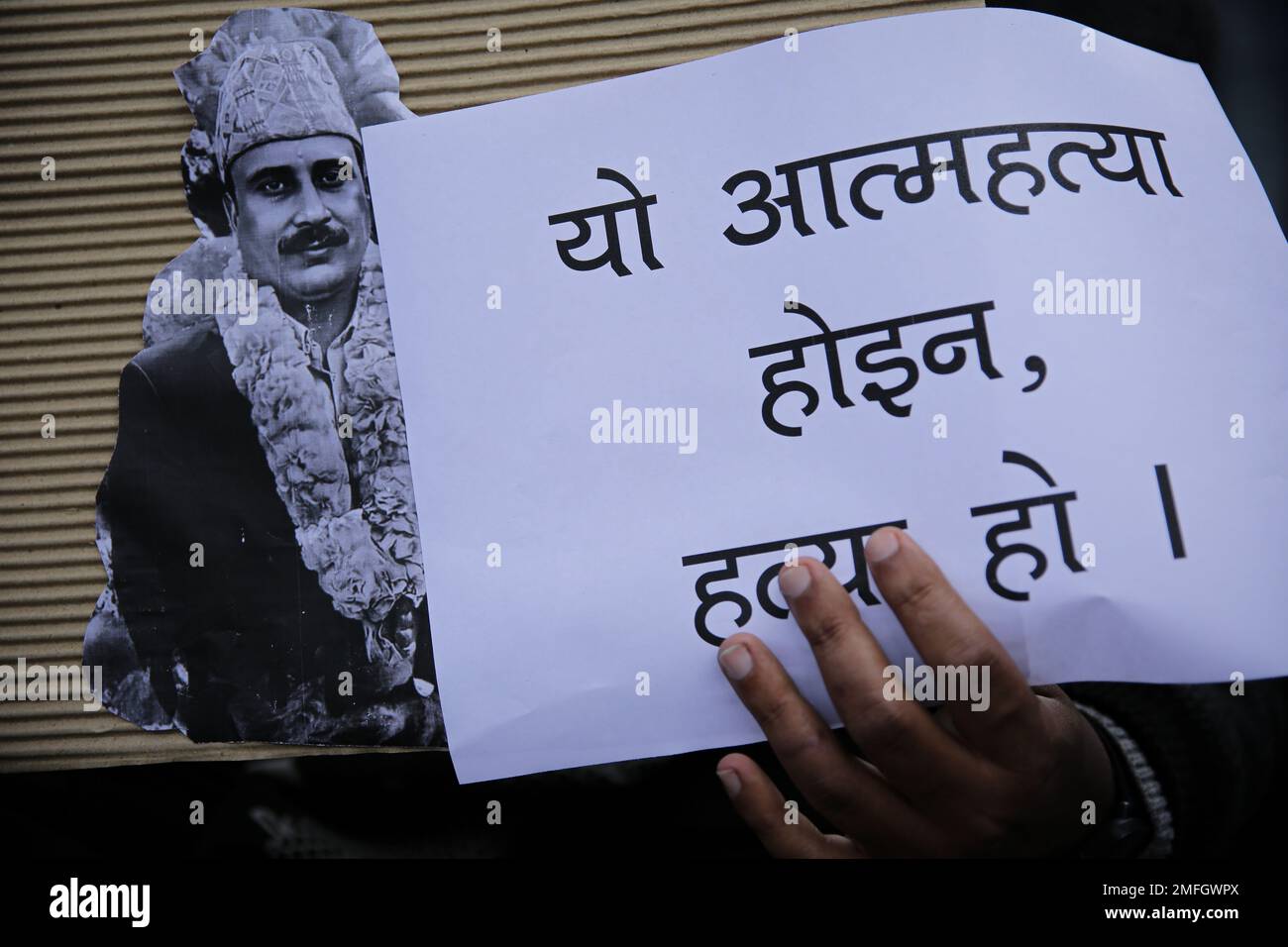 Nepal. 25th Jan, 2023. A protest program organised in Maitighar, Kathmandu, demanding justice for Prem Prasad Acharya who died after attempting self-immolation in front of the federal parliament building in New Baneshwar on Tuesday afternoon. (Credit Image: © Amit Machamasi/ZUMA Press Wire) EDITORIAL USAGE ONLY! Not for Commercial USAGE! Credit: ZUMA Press, Inc./Alamy Live News Stock Photo