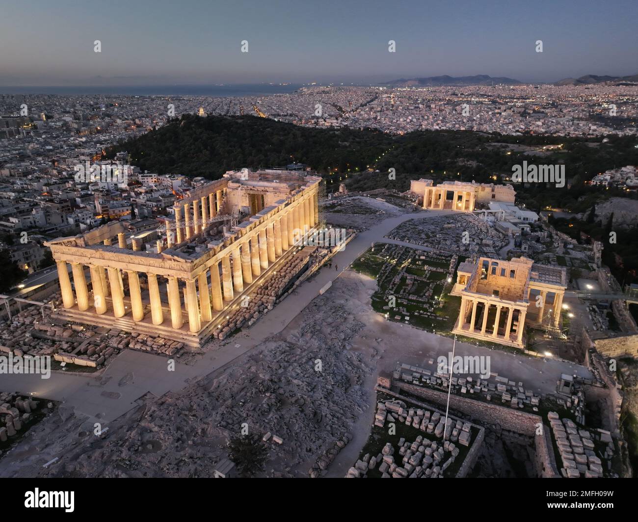 A drone view of the Parthenon Ancient temple in Athens, Greece at ...